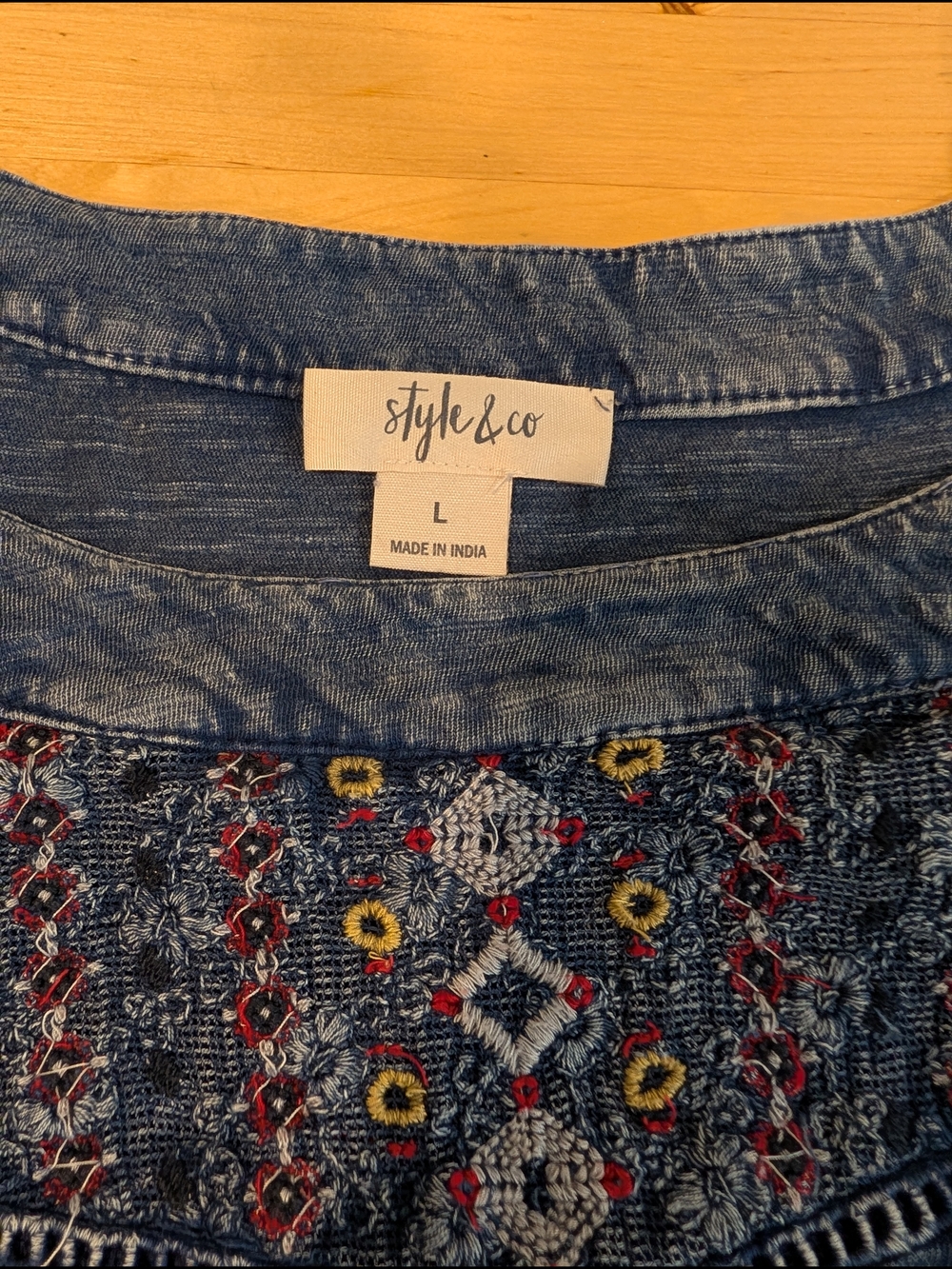 Style & Co. Blue Embroidered Chambray Sleeveles Top with Multicolor Stitching